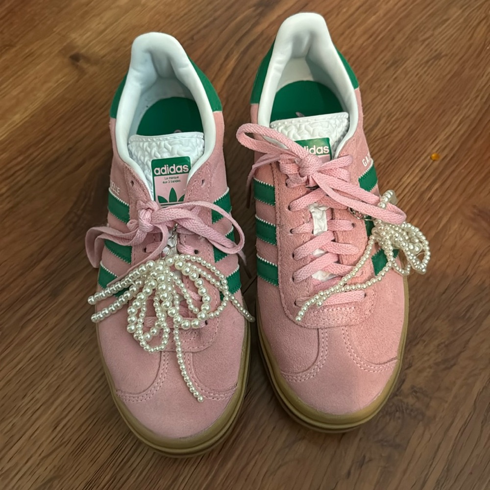 Pink with green adidas gazelle platform